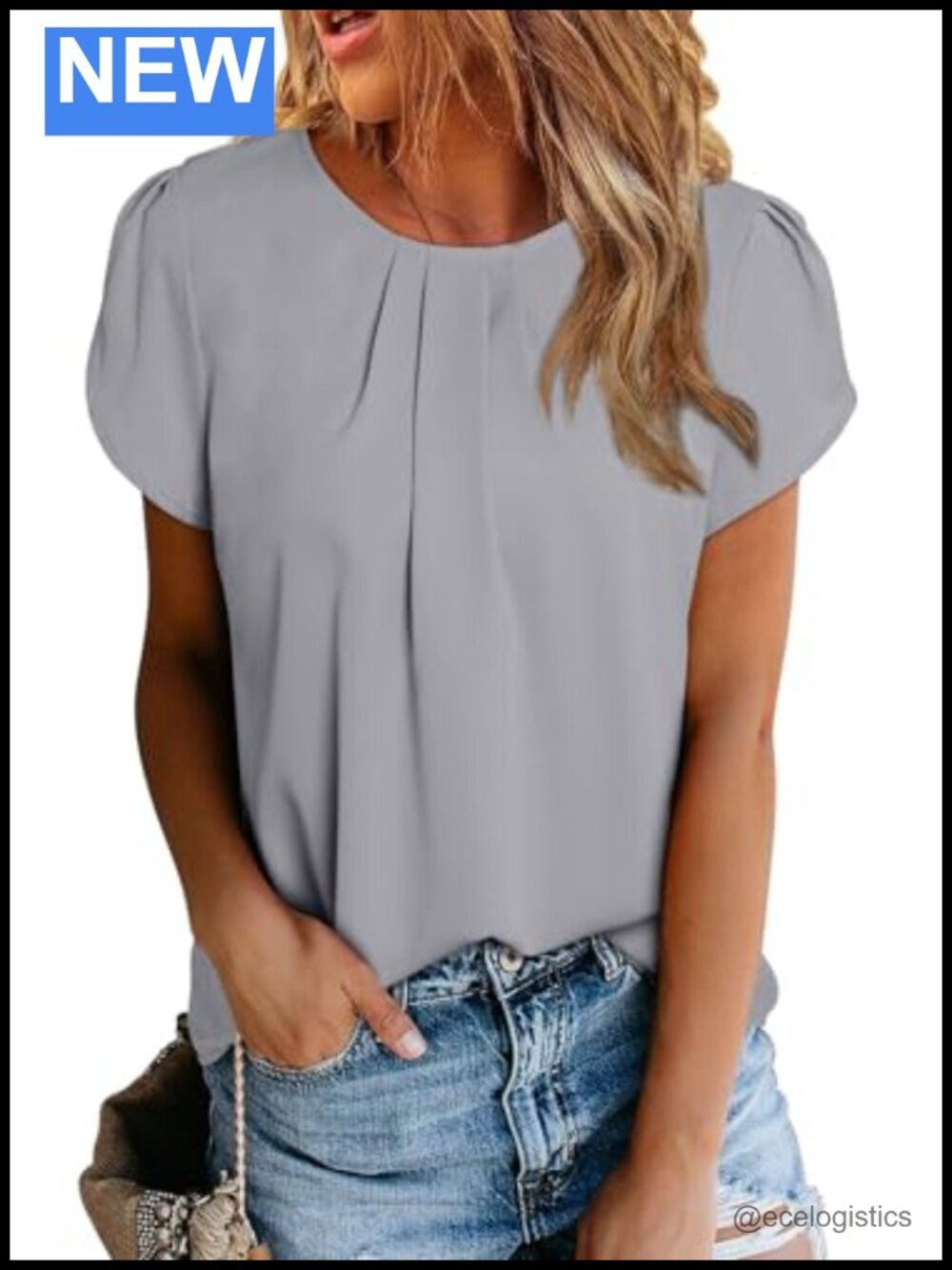 Lightweight Pleated Short Sleeve Blouse, Cap Sleeve Henley Tunic Top